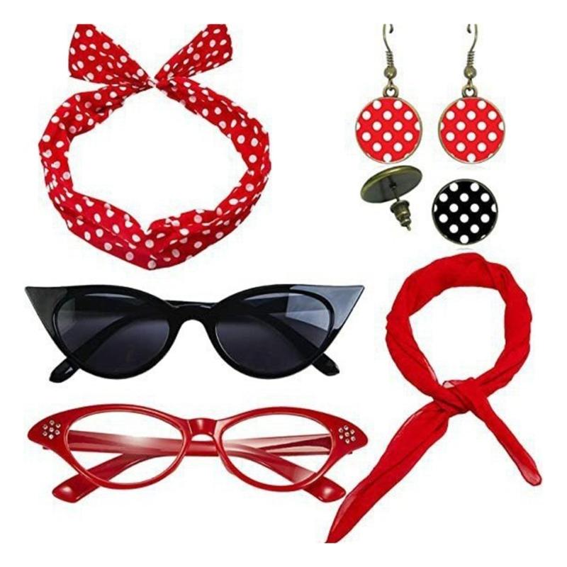 1950's Womens Costume Accessories 50s Scarf Cats Eye Glasses Bandana Tie Polkas Dot Headband Drop Earrings for Halloween