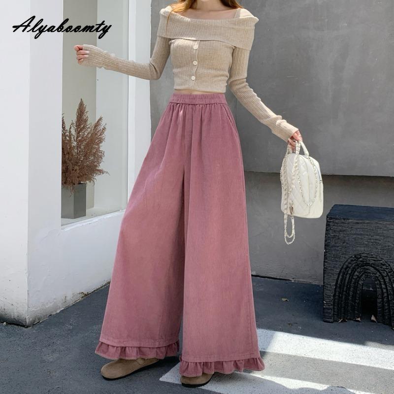 

Корейская мода Осень Зима Женские брюки широкие штанины Высокая талия Абрикосовый Винно-красный Синий Зеленый Коричневый Розовый Свободные брюки Рюши Вельветовые Базовые брюки One Size розовый