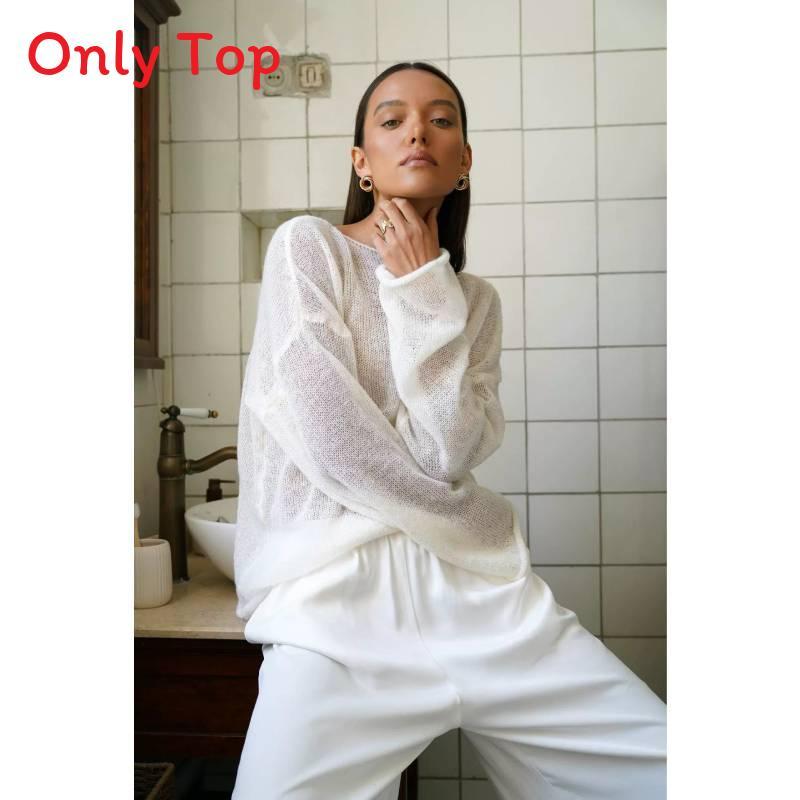Polyester Knit Sweater With Openwork Lace Design Bell Sleeve Round Neck Summer Layering Top