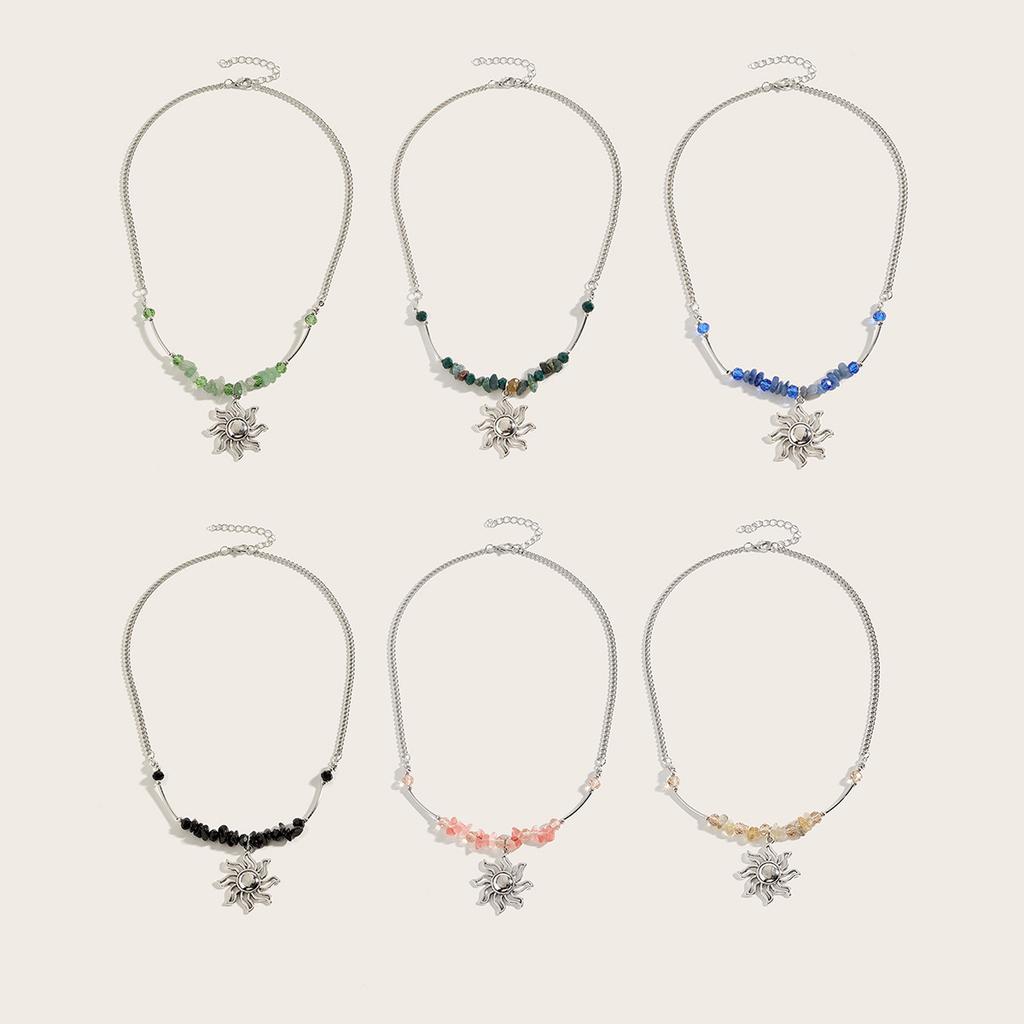 Bohemian Natural Stone Gravel Beaded Neck Chain Niche Temperament Sun Pendant Necklace