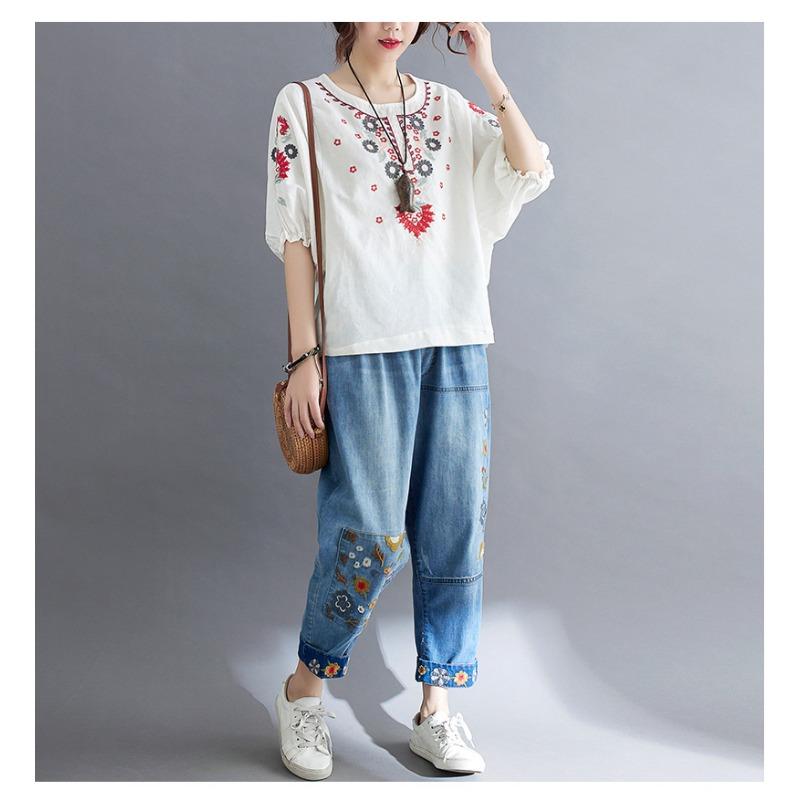 Letnia Nowość Styl Retro Literacki Luźna i Wszechstronna Etniczny Styl Bawełniana i Lniana Haftowana Koszula dla Kobiet