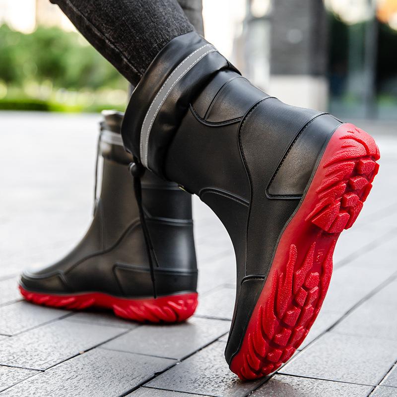 Adult Mid-calf Waterproof Rain Boots With Drawstring Design Unisex Outdoor Water Shoes Non-slip Soft Rubber Rain Boots Plus Size