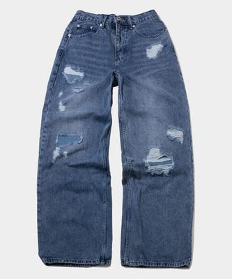PLACESTUDIOMAN Vintage Washed Damage Patch Detail Wide Denim Pants [Medium Blue]