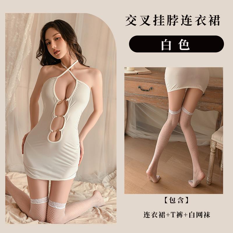 Erotic Underwear Women's Sexy Short Skirt Temptation Hollow Neck Sling One-piece Pajama Set