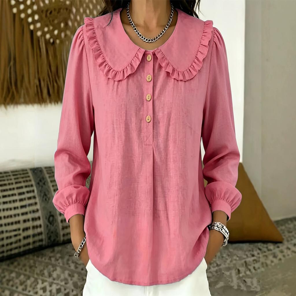 Women's Color Cotton Linen Loose Fit Long Sleeve Top with Collar