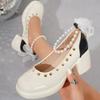 Plus Size 2025 Classics Women's High Heels String Bead Buckle Strap Bow Tie Rivet Chunky Heel Pumps for Mixed Color Dress Office