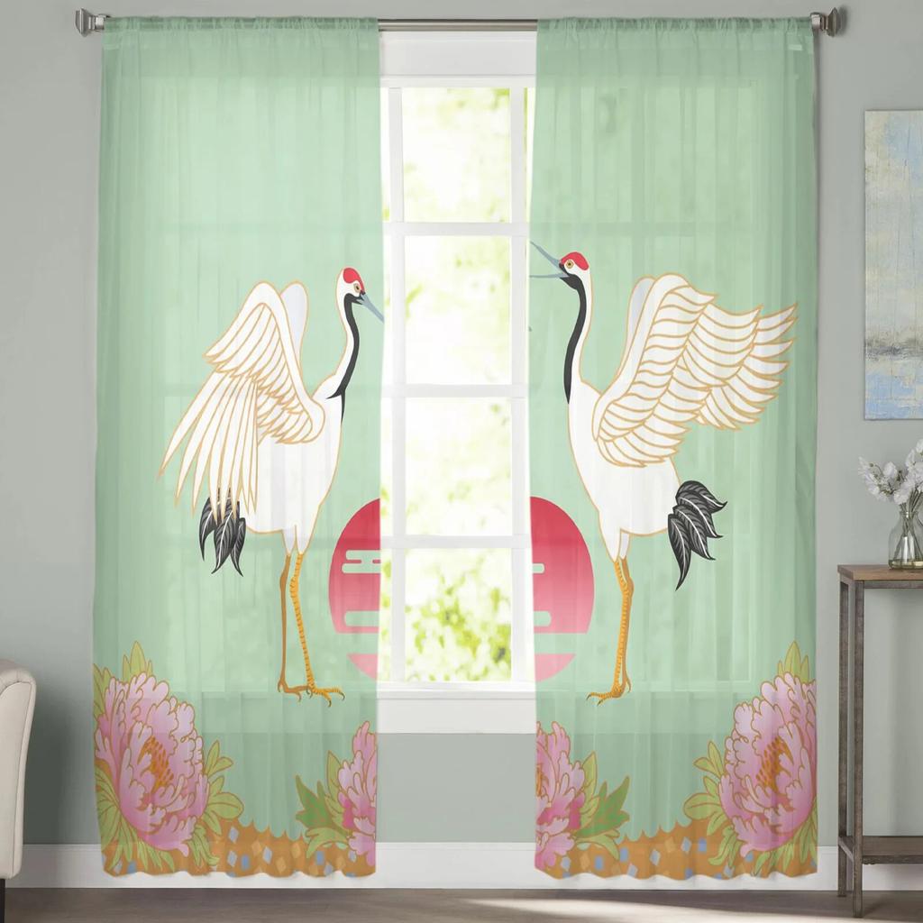 Crane Flower Sun Tulle Curtains for Living Room Bedroom Sheer Curtain for Balcony Hall Fashion Printed Home Drapes