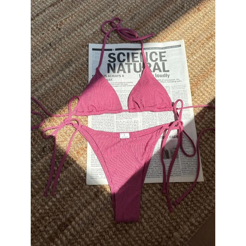 Sexy Brown Bikini 2026 Women Solid Red Halter Push Up Bra Tie Side Triangle Swimsuit Summer Bathing Suit Lace Up Micro Swimwear