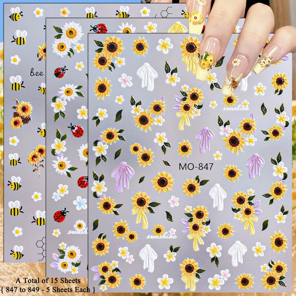 3 To 15 Sheets 5D Sunflower Daisy Nail Stickers Bee Ladybug Flower Decals Self Adhesive Spring Nail Art