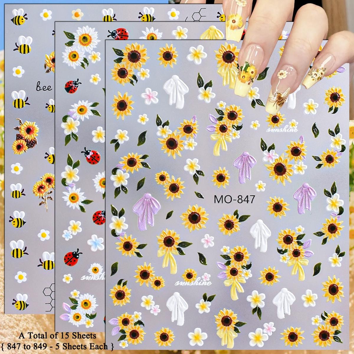 3 à 15 Feuilles Autocollants pour Ongles Tournesol Marguerite 5D Abeille Coccinelle Décalcomanies Florales Auto-adhésifs Art des Ongles Printemps