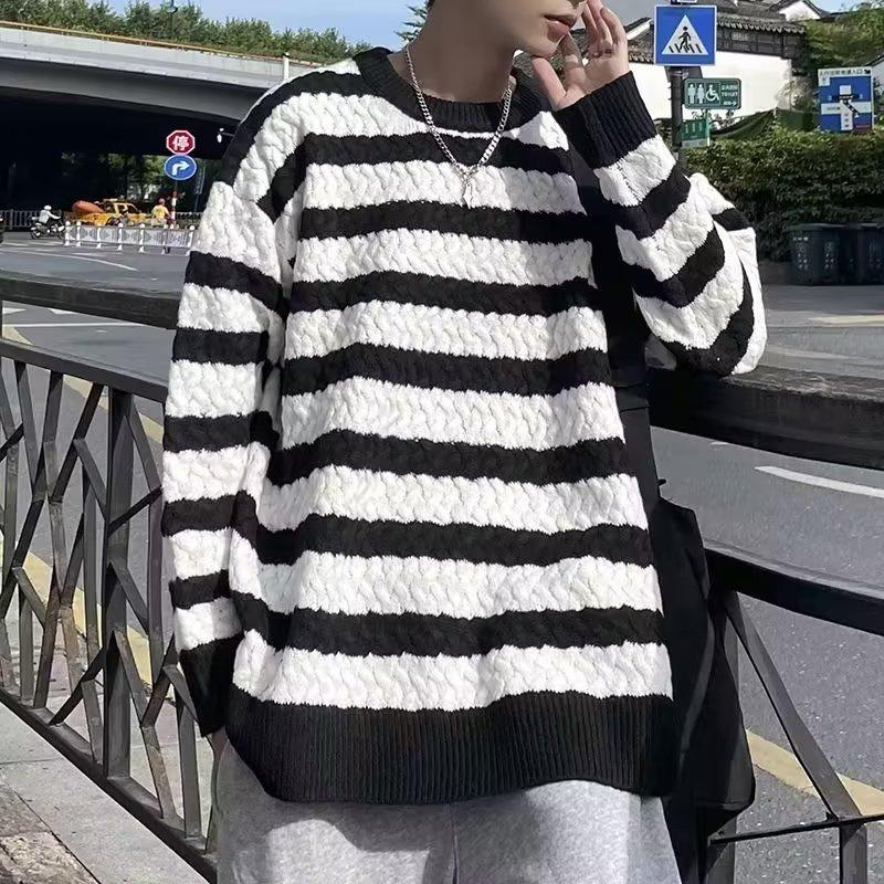 Striped Sweater Men's Autumn and Winter Lazy Japanese Loose Coat Retro Trendy Brand Winter Thickened Long-sleeved Knitted Sweater