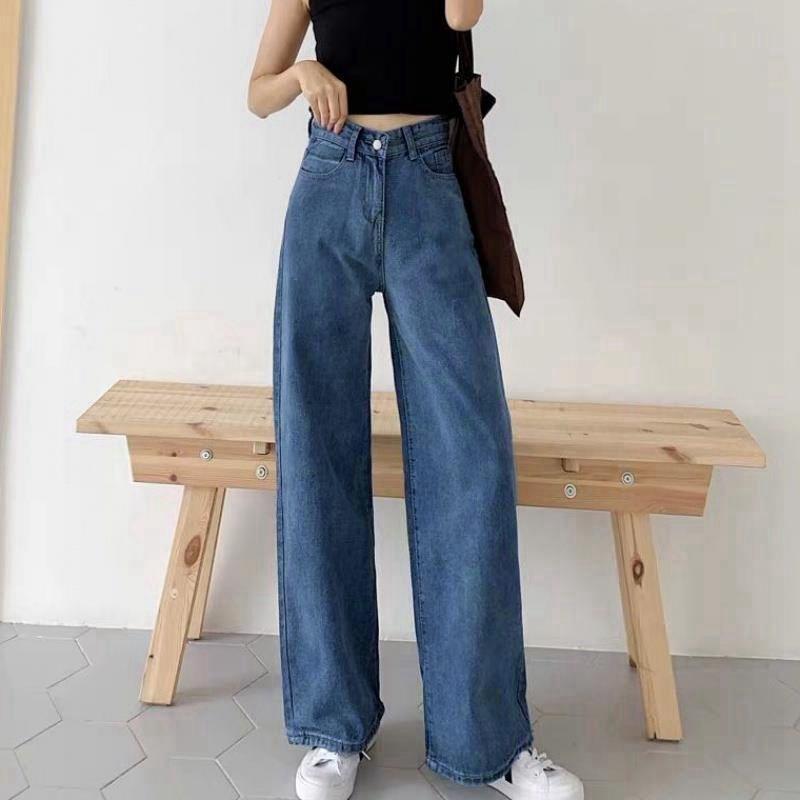 Jeans da donna Pantaloni a vita alta da strada Jeans larghi coreani in cotone di colore chiaro Jeans femminili Y2k con gamba larga con fibbia in metallo