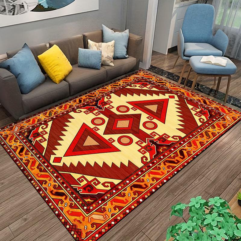 Geometric Boho Tribal-Style Carpet, Red and Yellow Ethnic Pattern Rug Suitable for use as an anti-slip for living room bedroom sofas
