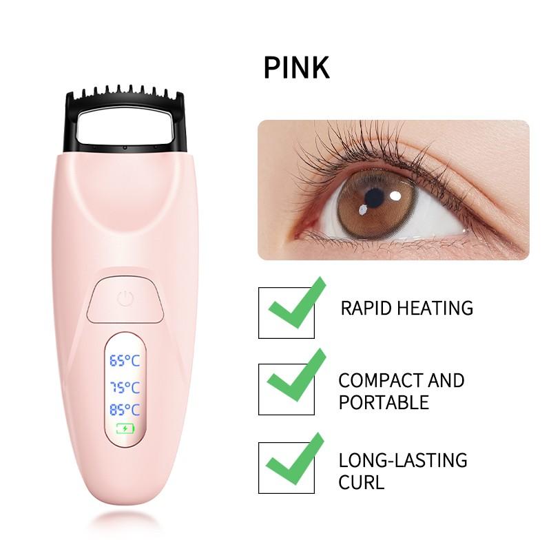 Pink electric eyelash clip, eyelash curler, electric eyebrow trimmer, application comb, eye moisturizer spray; beauty products including