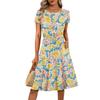 Women's Casual Fashion Round Neck Pleated Short Sleeve Floral Print A-Line Midi Dress