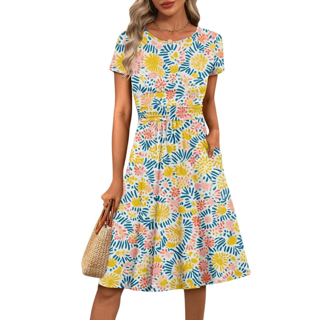 Women's Casual Fashion Round Neck Pleated Short Sleeve Floral Print A-Line Midi Dress