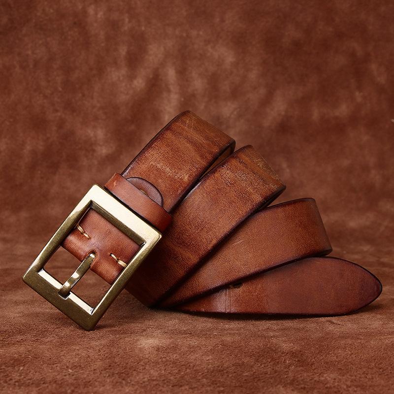

Мужской жесткий утолщенный ремень из натуральной кожи в стиле Хан, высококачественный универсальный джинсовый ремень из натуральной кожи с латунной пряжкой в ​​стиле ретро 130cm