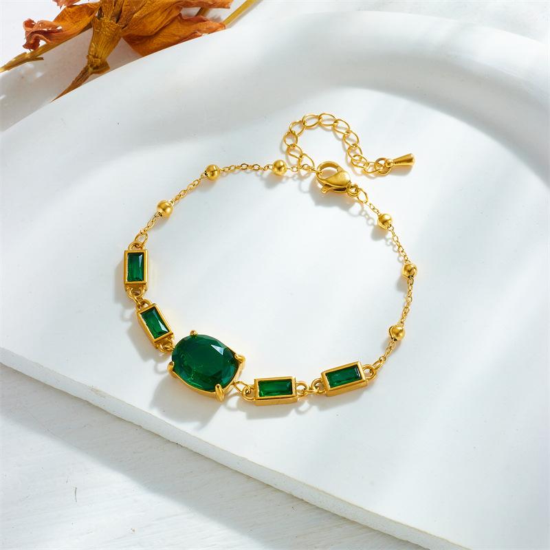 Gold Plated Adjustable Bracelet with Oval and Baguette Cut Green Stones Fashion Jewelry for Women