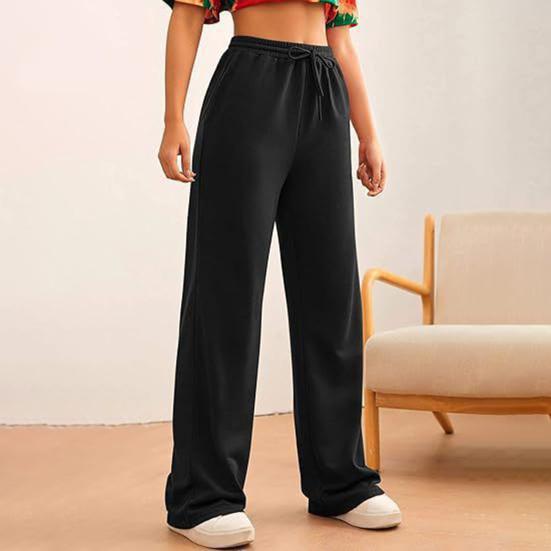Women Wide Leg Pants Elastic High Waist Adjustable Drawstring Pure Color Long Sweatpants with Pockets Casual Lounge Pants Daily Wear