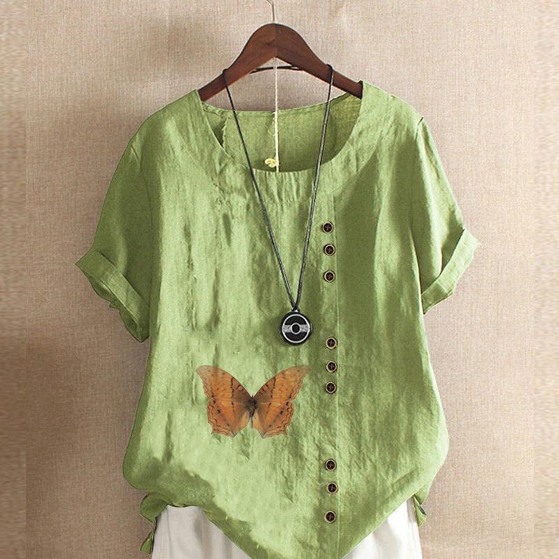 

Женская модная футболка с коротким рукавом и круглым вырезом, повседневная хлопковая льняная рубашка с рисунком, свободная фиолетовая летняя блузка с принтом бабочек, топы для отдыха 5XL зелёный