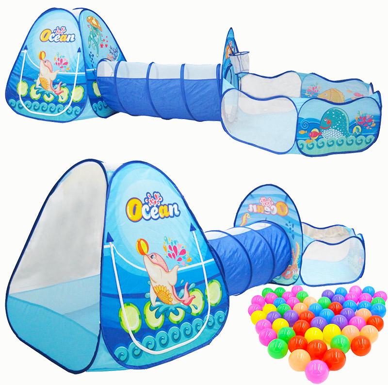 Ocean Adventure Kids Tent Set - Indoor Playhouse & Crawling Tunnel with Foldable Basketball and Ball Pit