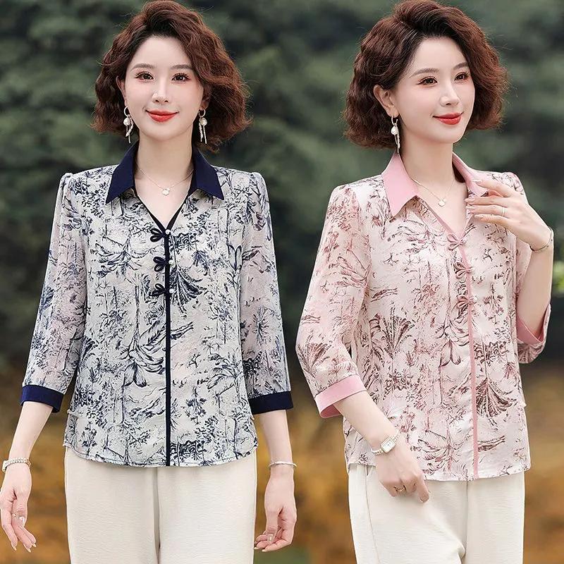 Women's Summer 3/4-Sleeve Youthful Chinese-Style Plus Size Floral Print Shirt: Relaxed-Fit, Elegant Top for Middle-Aged Moms