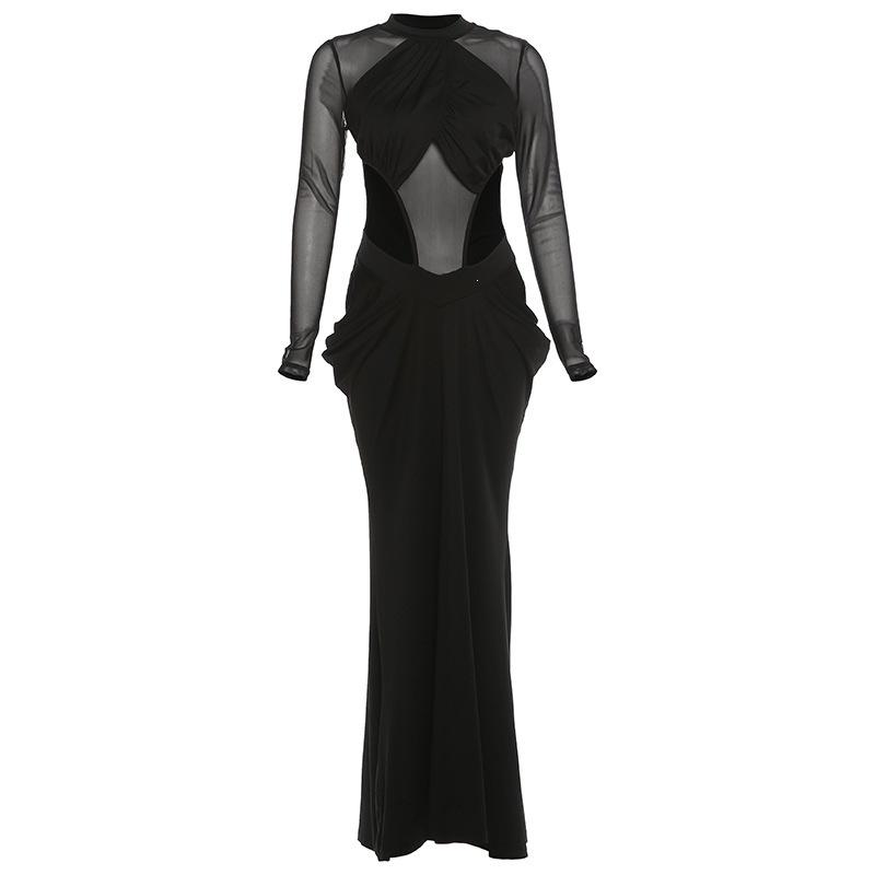 European and American fashion women s clothing 2026 European and American new products sexy hollow waist pleated high neck long sleeve dress women S