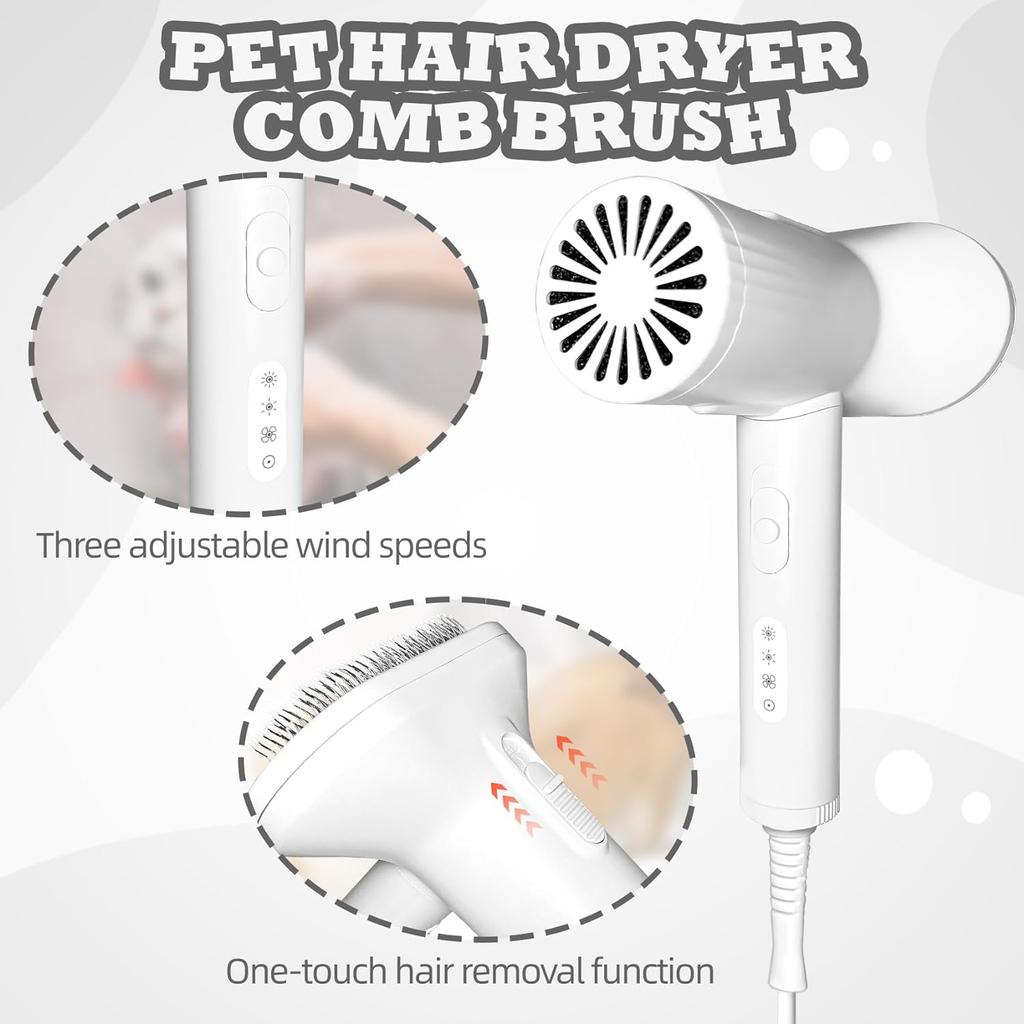 2-in-1 Pet Hair Dryer with Slicker Brush Overheating Protection 3 Blowing Modes Low Noise Dog Grooming Blower with Comb Brush