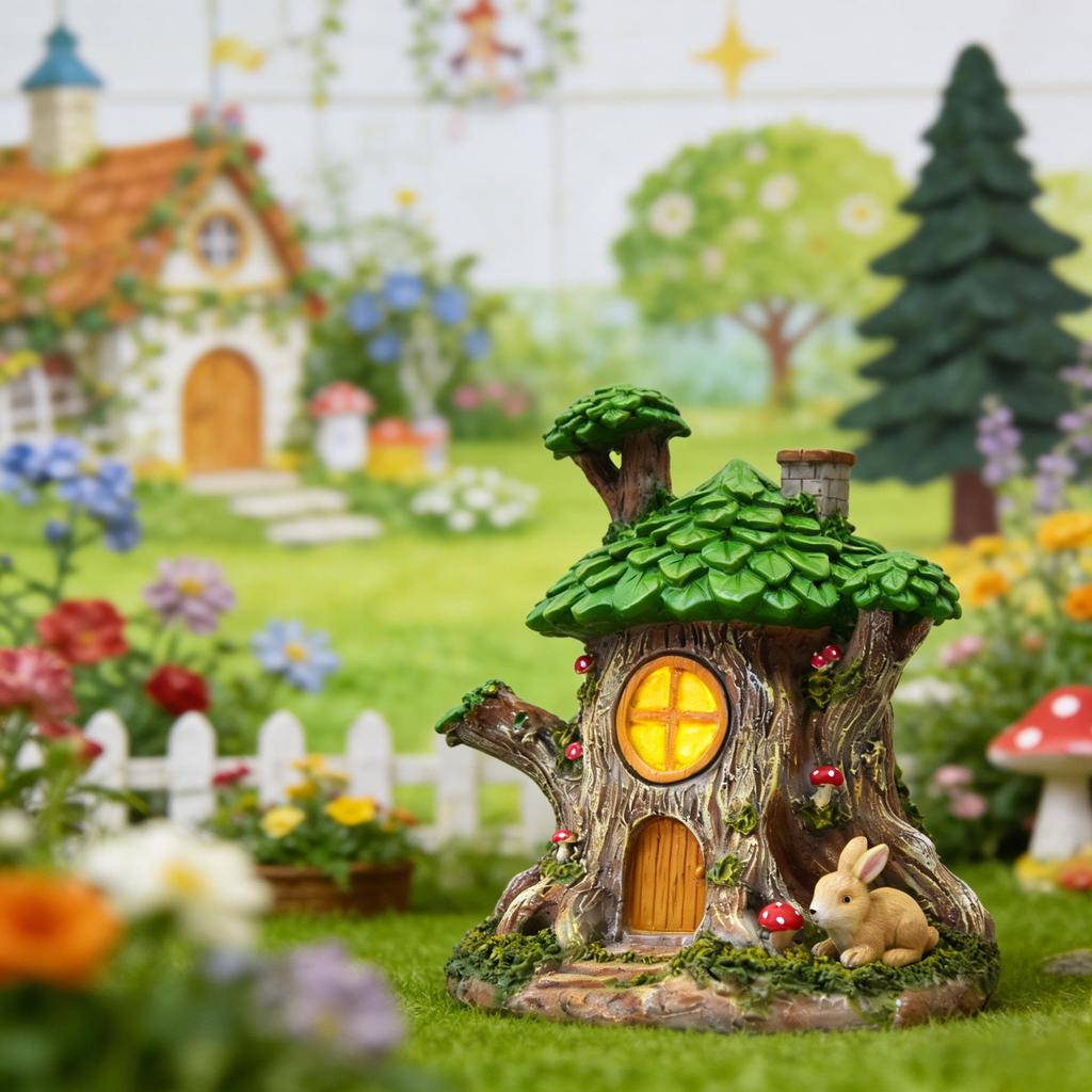 Fairy Tale Forest Resin Tree House Ornament - Mushroom, Rabbit & Micro Landscape Decoration for Garden & Balcony