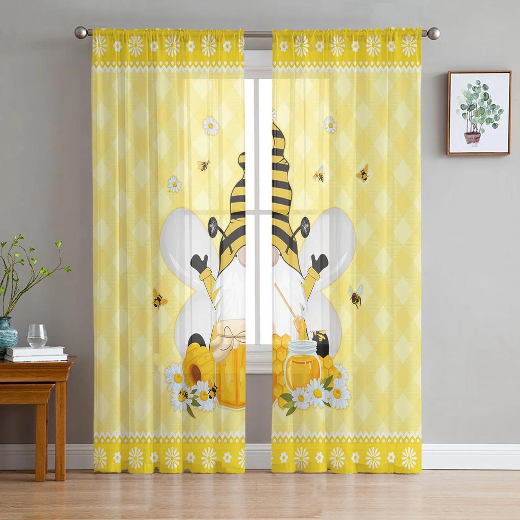 Modern Bee Azalea Retro Flower Tulle Curtains Living Room Bedroom Decoration Chiffon Voile Kitchen Window Curtain With Sheer Polyester Perfect For