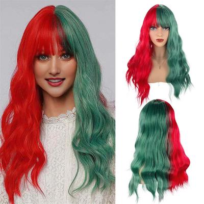 Synthetic Long Wavy Half Red Half Blue-Green Wigs with Bangs for Women Natural Curly Wig for Christmas Cosplay Party