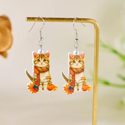 Cartoon Scarf Cat Print Acrylic Earrings for Women Cute Squirrel Pine Cone Pendant Earrings Unique Jewelry Accessories