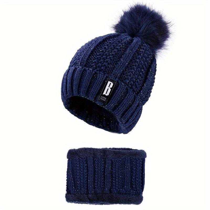 2 Stück Winter Warm Gestrickte Mütze Set Wintermütze Dicke Plüsch Winddicht Kalt Lässig Warme Mütze Schal