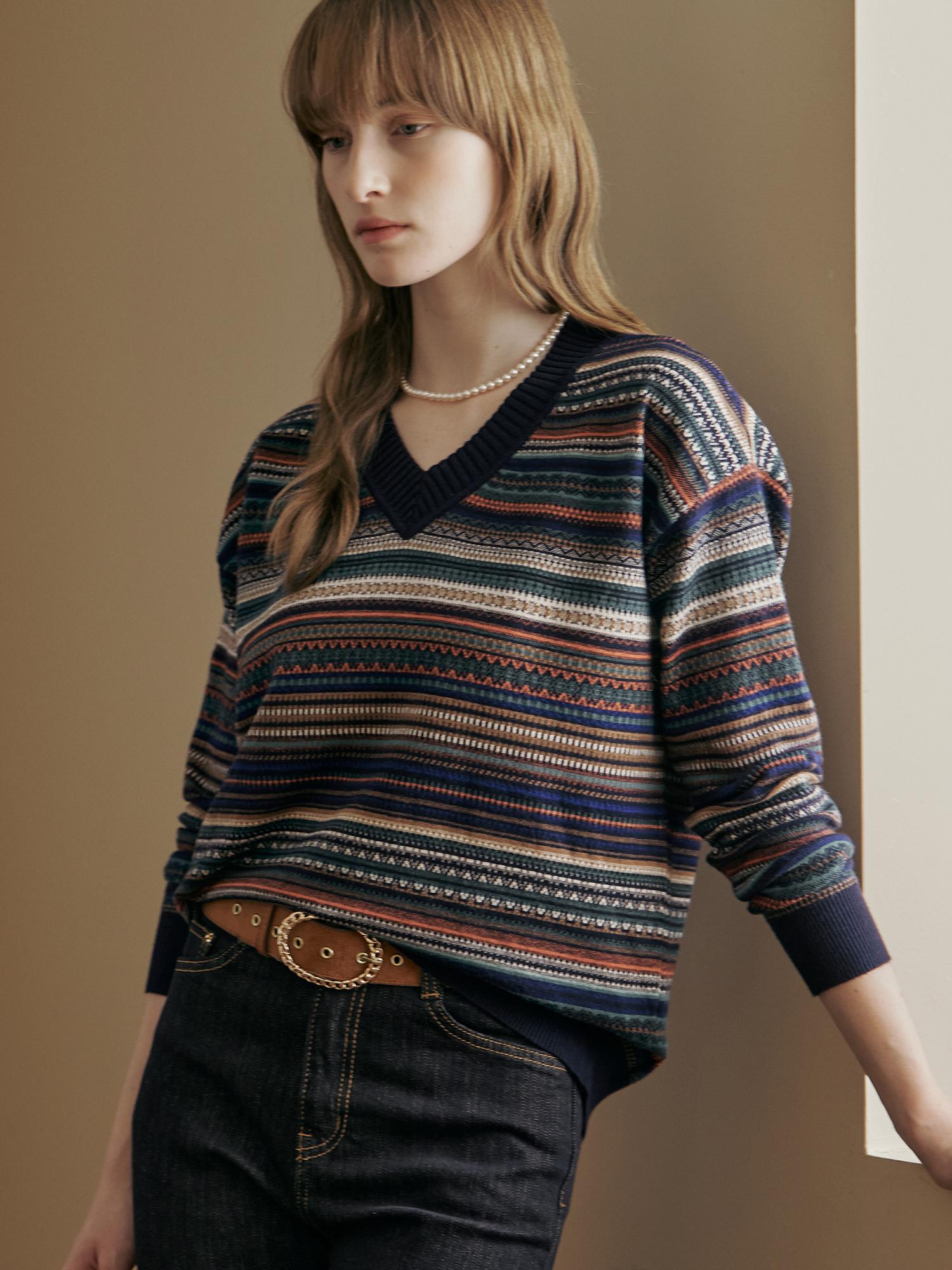 Maja V-Neck Contrast Nordic Pattern Knit Navy/Free