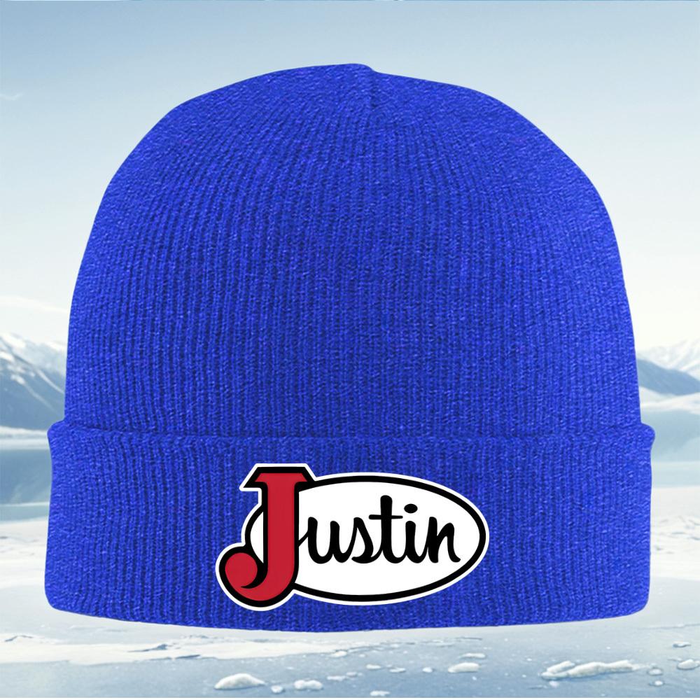 Justin text in white oval shape Men Women Unisex Knitted Hat Beanie Pullover Cap Winter Thermal Warm Christmas Outdoor Cycling H