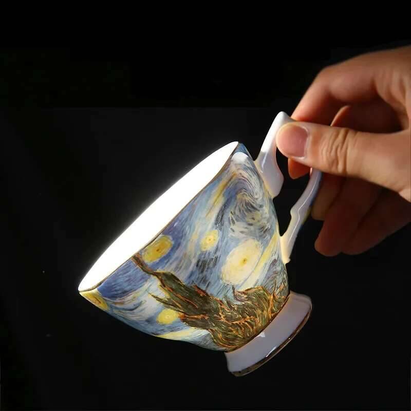 Bone Ceramics Van Gogh Art Painting Starry Night Sunflowers Sower Iris Saint-remy Tea Cups Mugs Coffee Cup Saucers Spoons Set