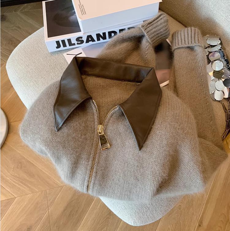 Evropský kožený svetr na zip s polo límečkem 2023: Podzimní/zimní pletený kardigan pro ženy