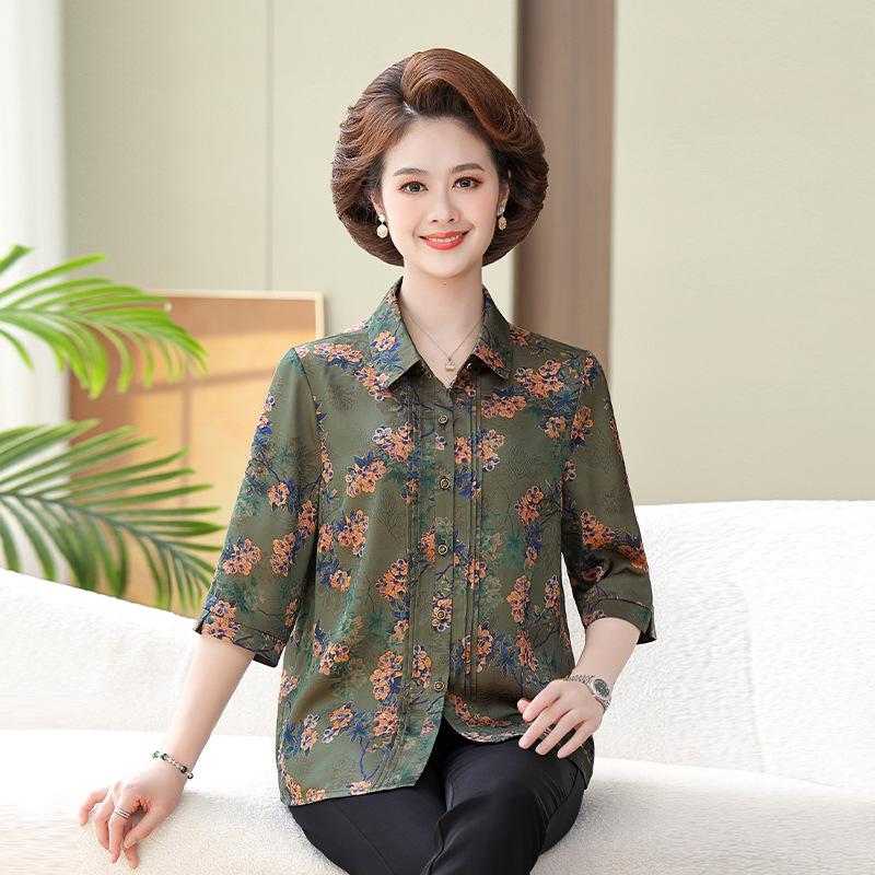 

Spring & Summer Floral Print Top for Middle-aged & Elderly Women – Chinese Style Seven-Point Sleeve Shirt L (Recommended 40-50 kg) зелёный