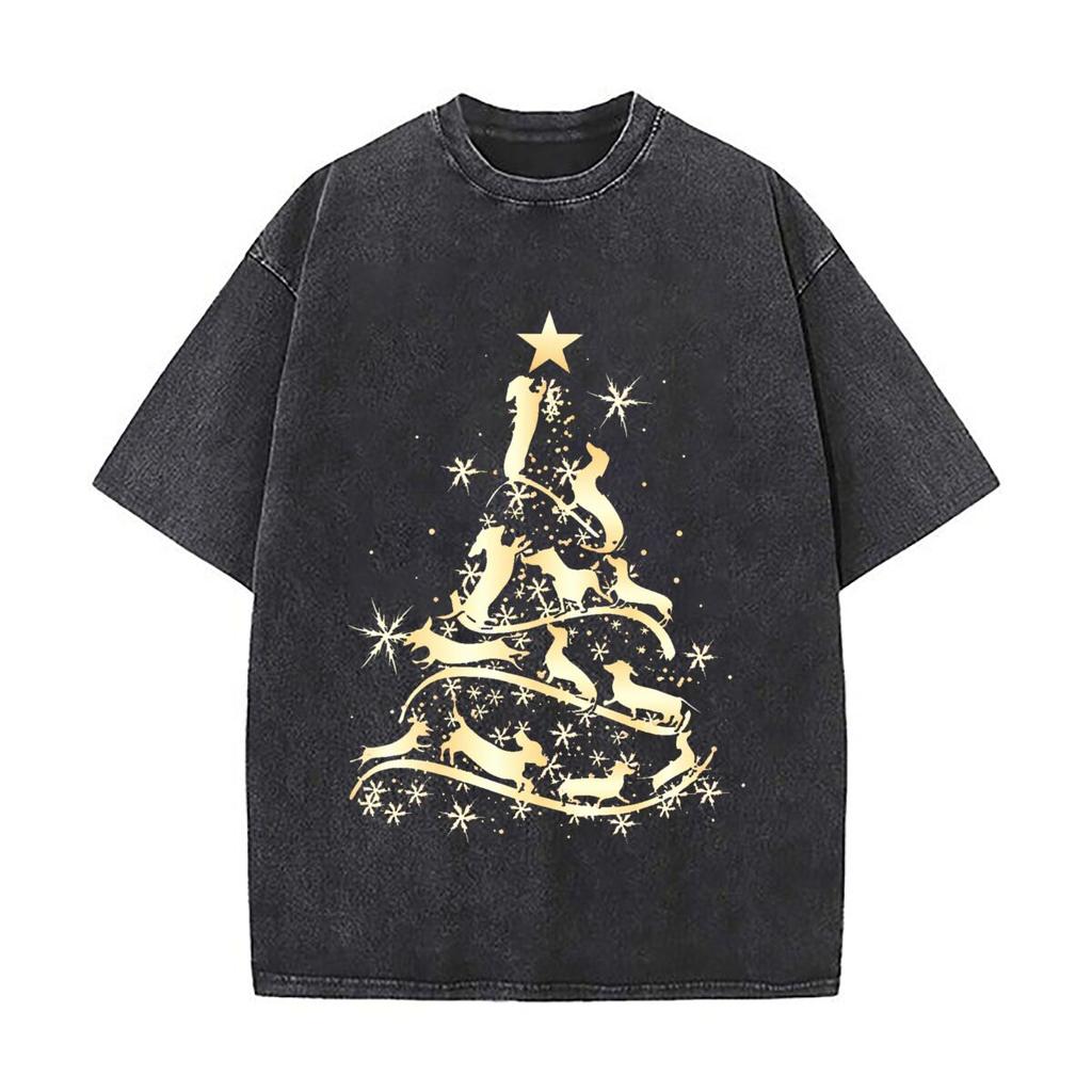 Golden Dachshund Christmas Tree Star Snowflake Design Vintage Distressed Loose Streetwear Tops For Campus Days
