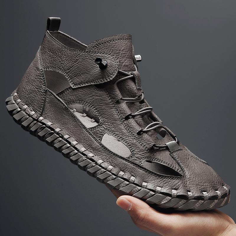 Fashion Leisure Anti-collision Toe Sandals Men High Top Leather Roman Sandals Fashion Men's Beach Flats Quick Dry Male Wading Aqua Shoes