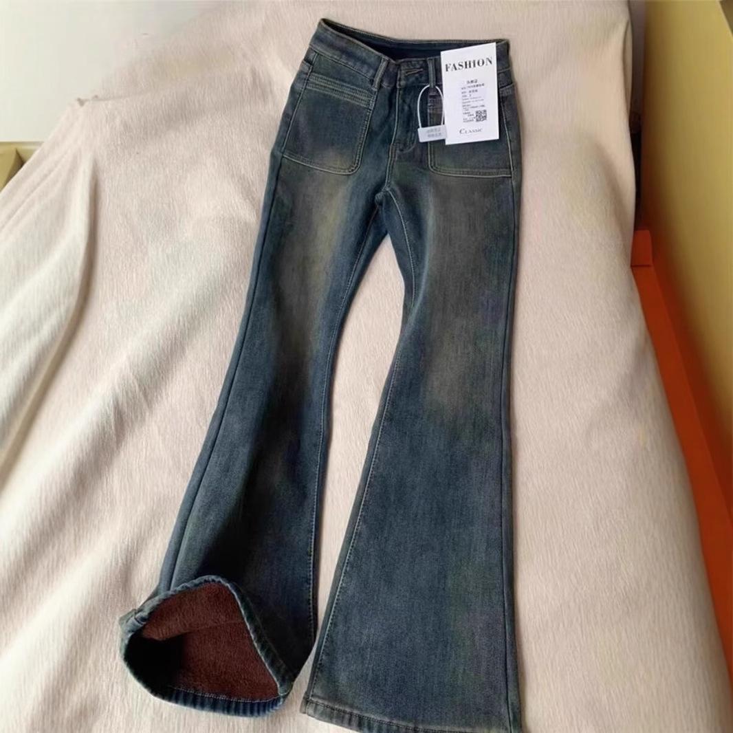 

Women s Cement Gray Retro Micro-Flared Fleece-Lined High-Waisted Jeans - Plus Size, Floor-Length, Slimming, Autumn/Winter Wear. 5XL