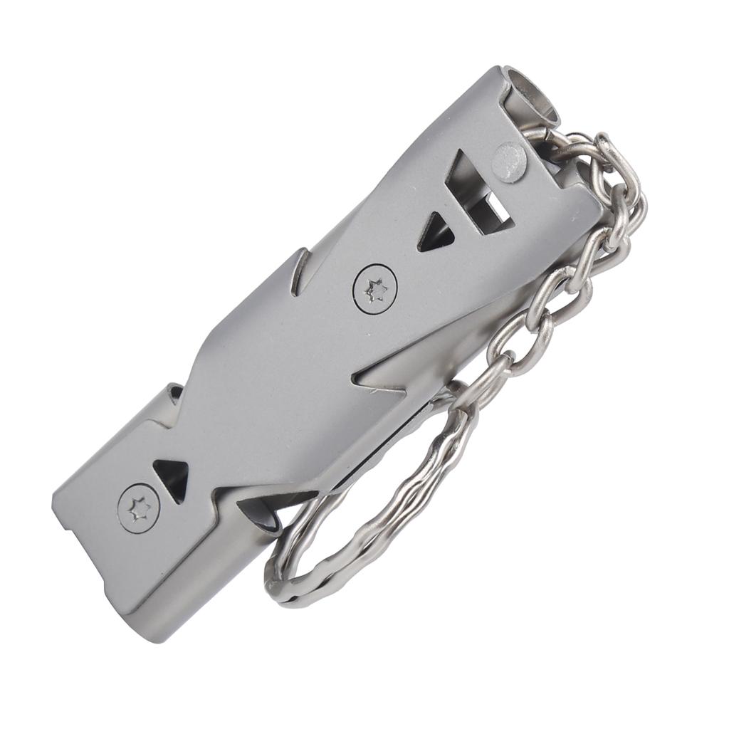 Outdoor Survival Pfeife mit Schlüsselanhänger Edelstahl Doppelrohre Sicherheitspfeife Grau