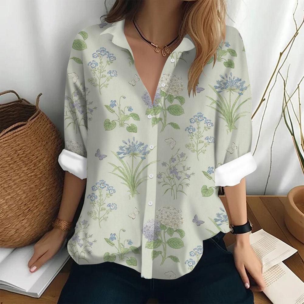 Women's Fashion Shirt Bottom Casual T-shirt Loose Lapel Top Long Sleeved Button Printed Clothing Party Elegant Women's Shirt