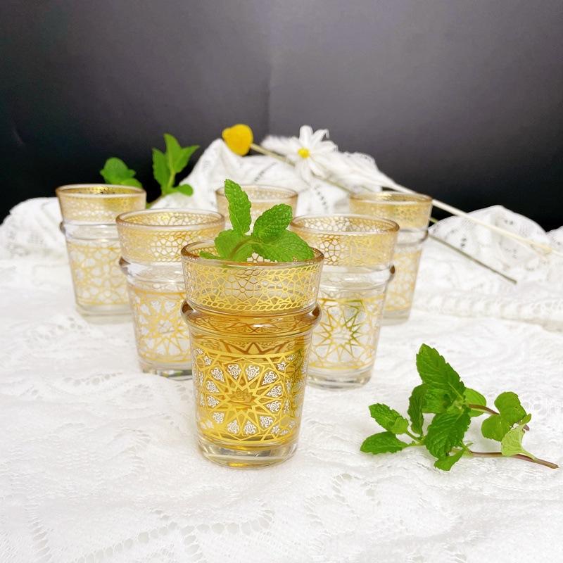 Set de 6 piese, Pahar marocan din sticlă, Sticlă de bere din sticlă cu ștanțare aurie, stil luxos light, Pahar de ceai stil Orient Mijlociu, Set cadou tacâmuri