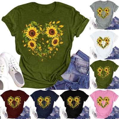 Lässiges T-Shirt für Damen mit Rundhalsausschnitt, Blumendruck, kurzärmelig