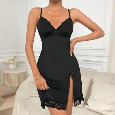 Women Nightdress V Neck Backless Sleeveless Bow Lace Floral Embroidery Nightie Spaghetti Strap Slit Hem Nightgown for Valentines Day Wedding