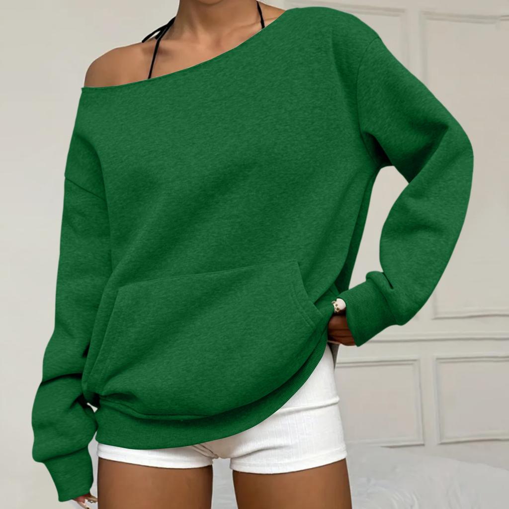 Women's Casual Fashion Solid Color Off-shoulder Long-sleeved Loose Sweatshirt With Pockets