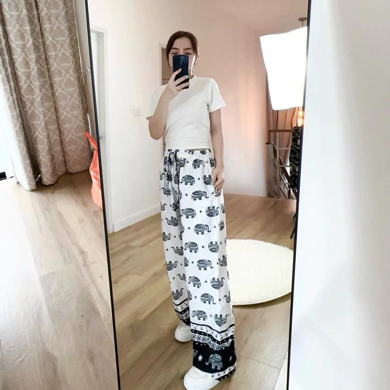 Elephant Pants Women Men Unisex Premium Japanese Silk Print Thailand Casual Streetwear Beach Bohemian Retro Vintage Adjustable Rope Loose Legs