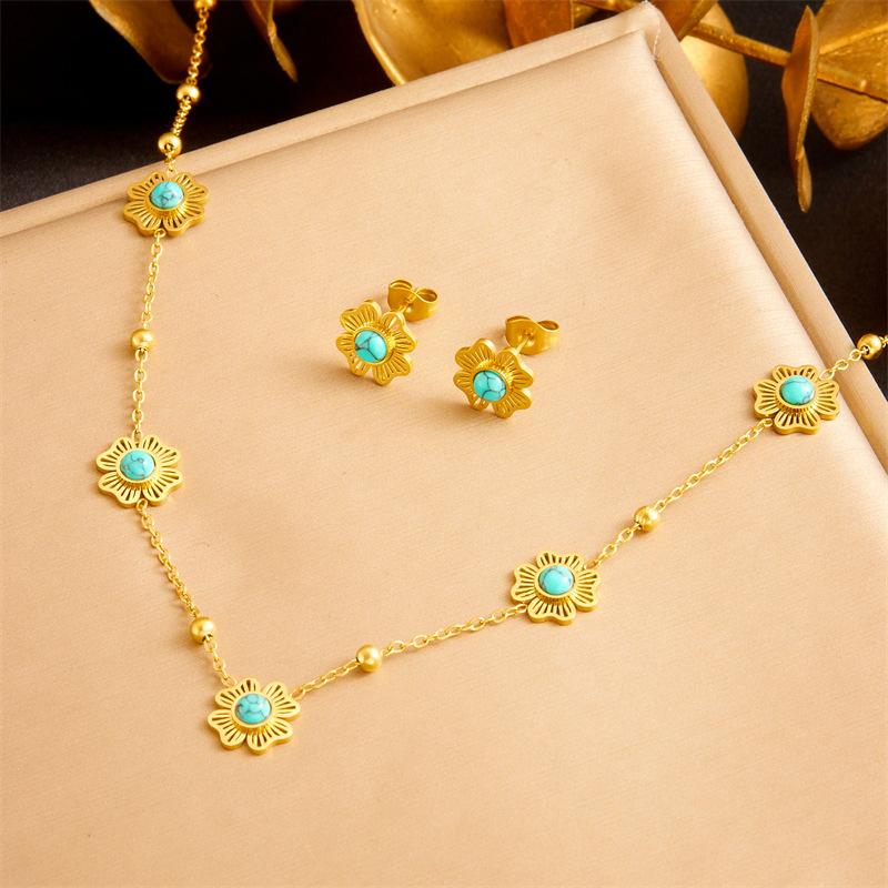 Vintage Turquoise Flower Gold Plated Chain Stainless Steel Necklace Earrings Bracelet Set Fashion Unique Accessories