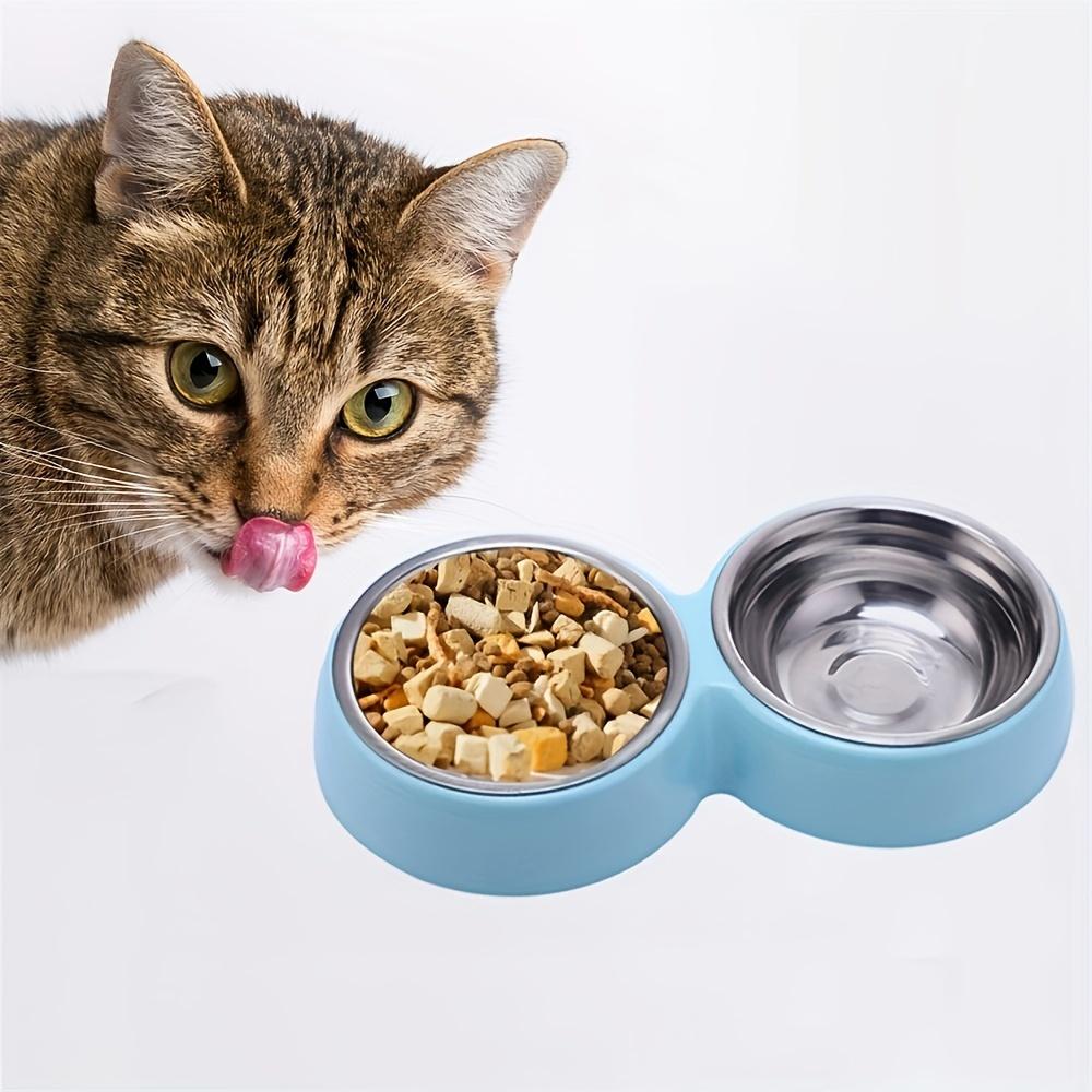 Plastic and Stainless Steel 2-in-1 Pet Food and Water Bowl Set with Non-Slip Stand, Cat Feeding Supplies